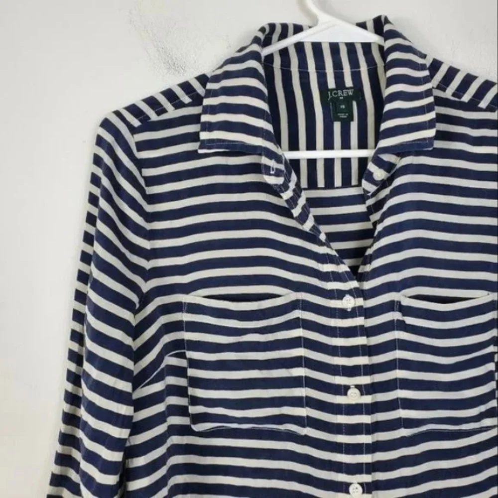 J. Crew Silk Button Up Womens Size XS Blue & White Stripe Nautical Beachy Preppy - Picture 4 of 4